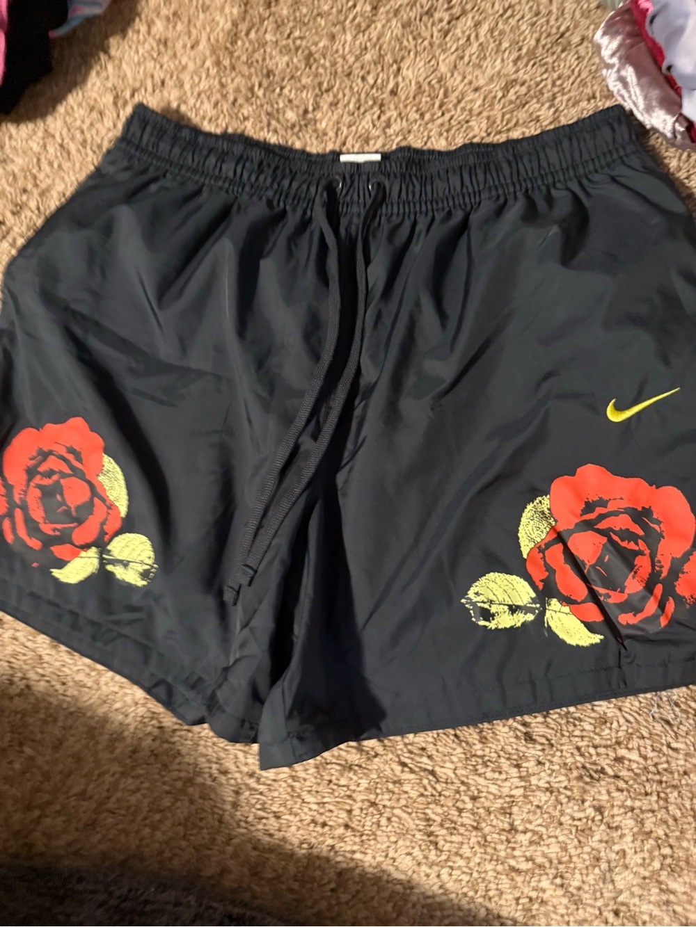 Nike Black Swim Shorts with Red Rose and Yellow Leaf Accents